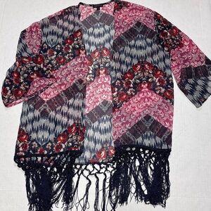 MM Love Floral Print Sheer Fringe Hem Open Cardigan Sz L Boho Cottage Core Beach